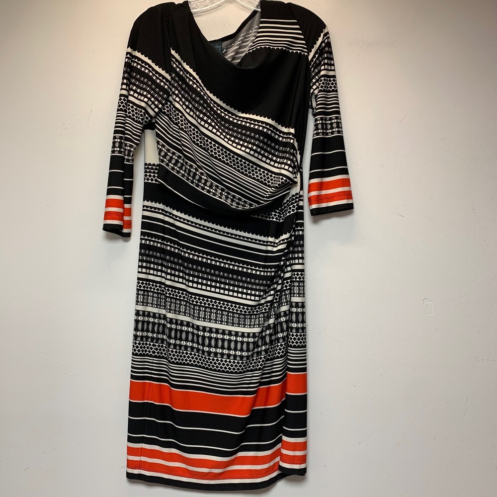 Gabby Skye Sheath Dress Womens 10 Black Orange Geometric Ruched Cowl Neck